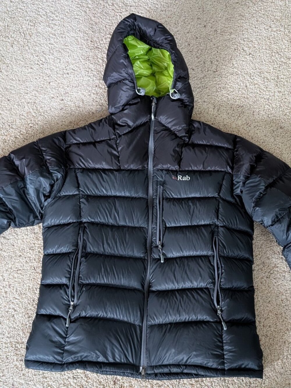 Rab Infinity Endurance black & gray MEN'S Large full zip down hooded jacket coat